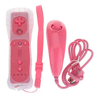 Wii left and right wireless gamepad controllers with infrared sensor and hand rope in multiple colour options.