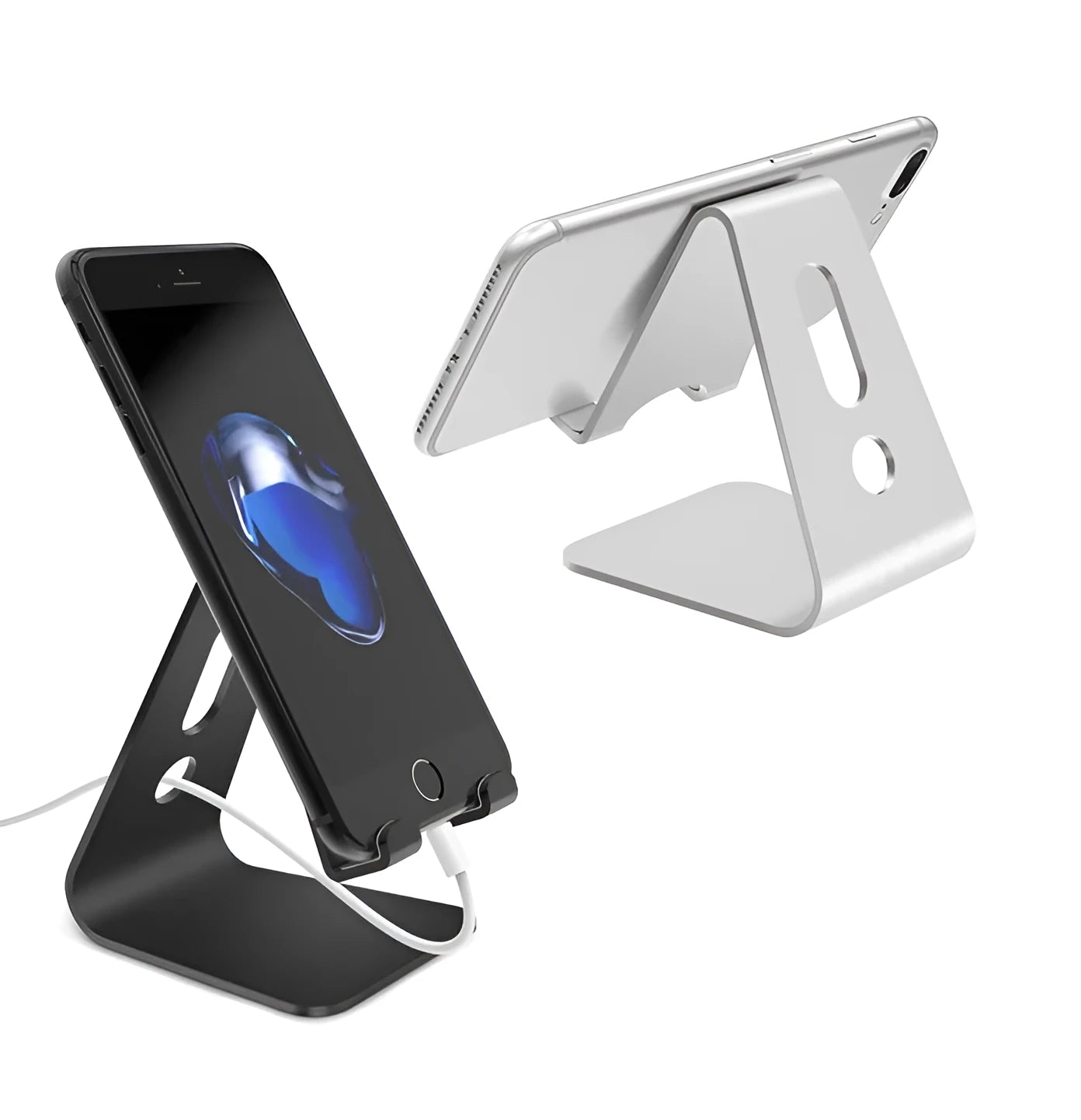 Aluminium universal phone and tablet stand in black, red, rose gold, and silver colour options.