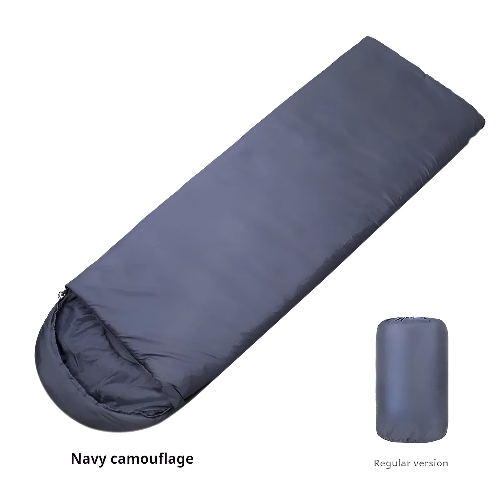 Navy blue envelope-style adult camping sleeping bag for winter use.