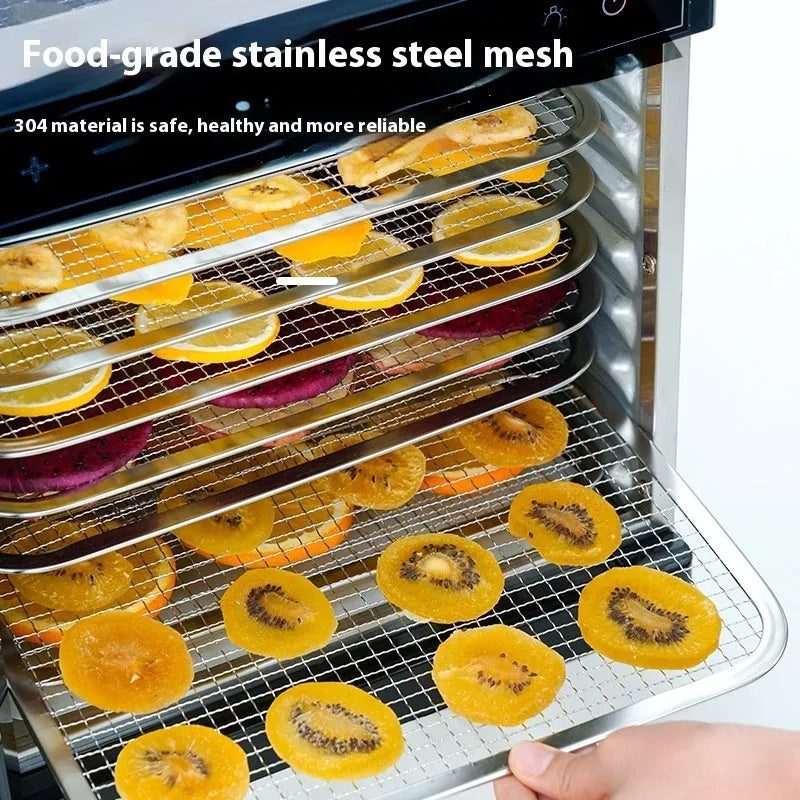 Stainless steel fruit dehydrator machine with multiple mesh trays and an LED control panel.