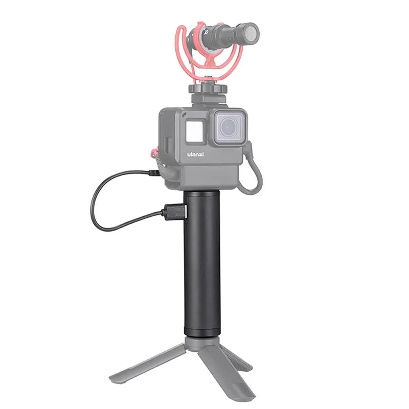 Black aluminium alloy charging treasure handle portable power bank showing size and USB port.