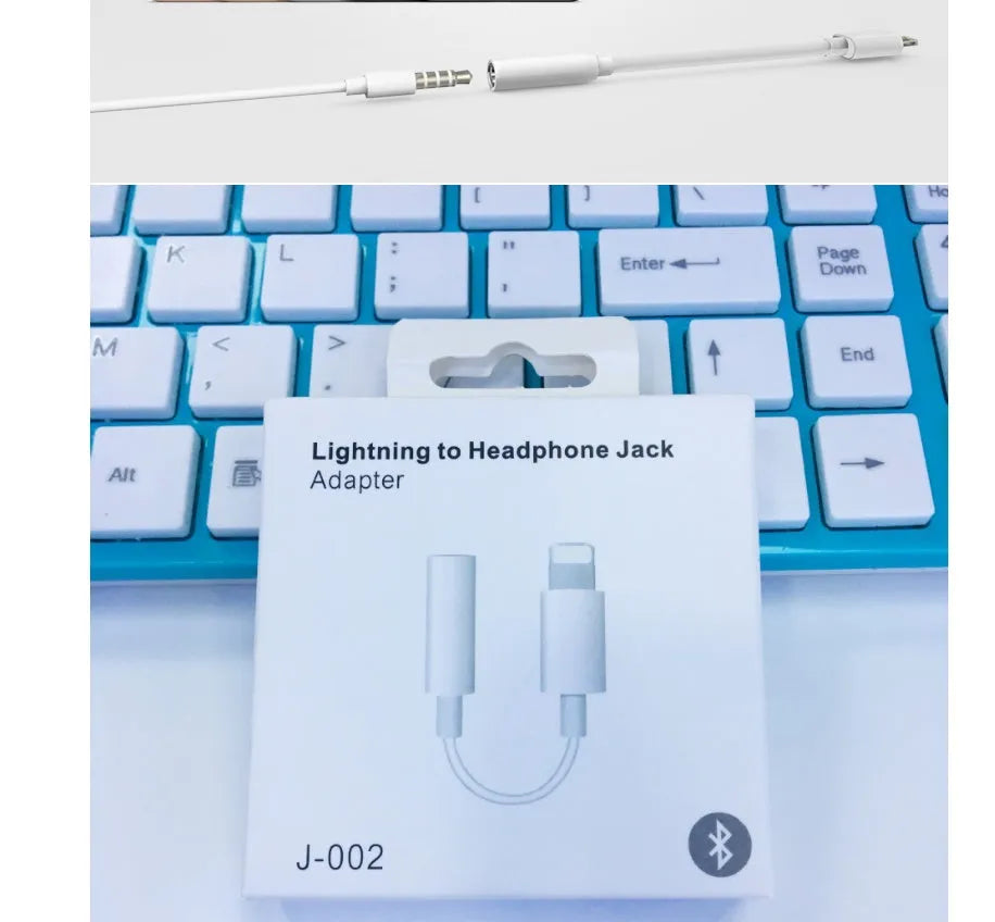 White Lightning to 3.5mm audio adapter for iPhone 7 and compatible models.
