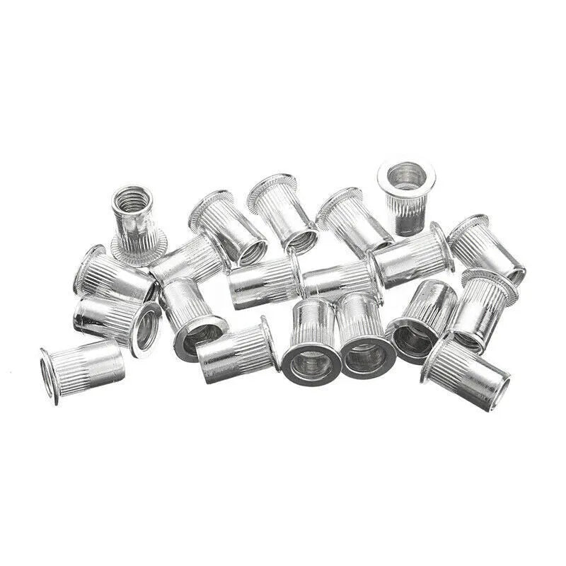 Alloy steel hand-held manual riveter tool with a selection of aluminium blind rivet nuts.