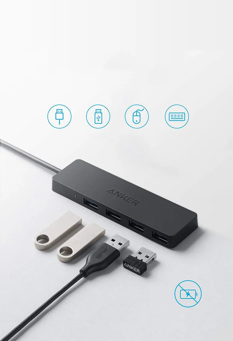 Black Anker 4-port USB 3.0 data hub with attached cable, showing four USB Type-A ports.