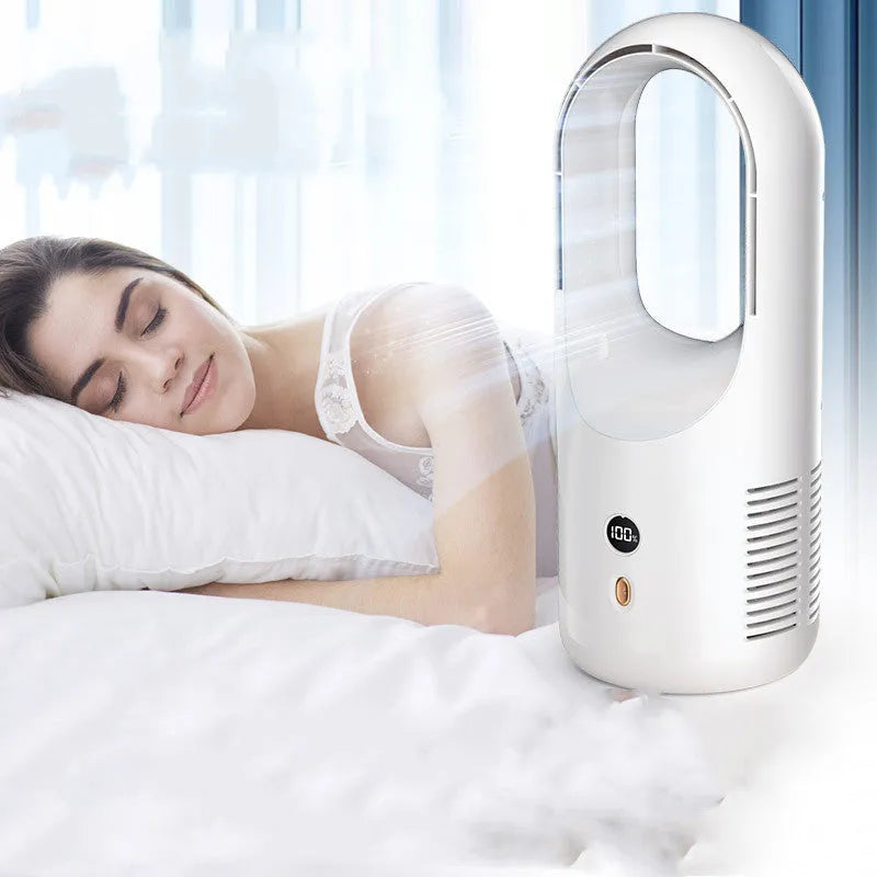 USB rechargeable bladeless desktop fan with LED display on a desk