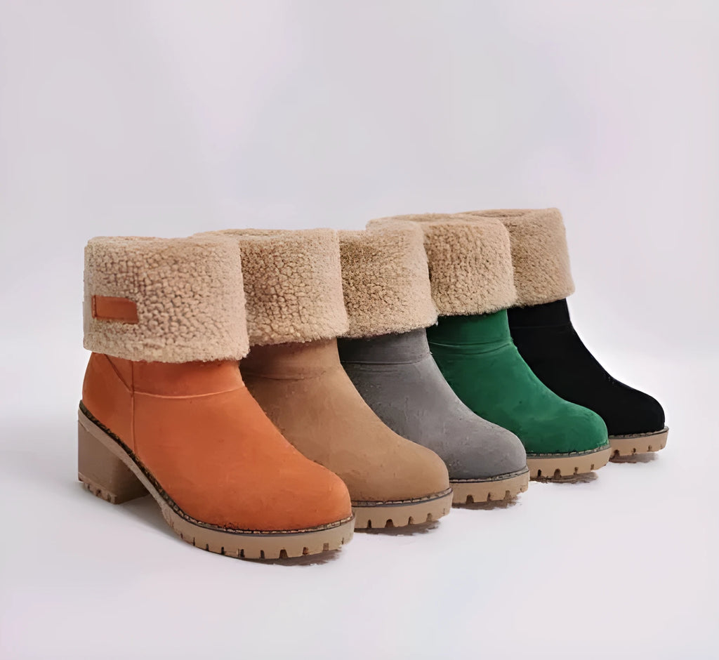 Women's suede mid-calf snow boots in multiple colours on a beef tendon sole