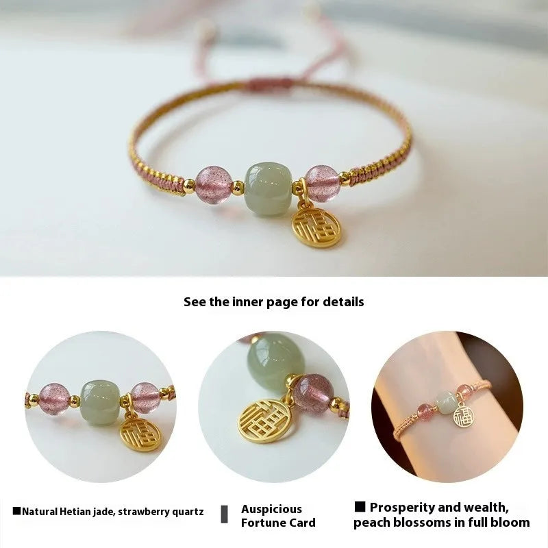 Adjustable red rope bracelet with strawberry quartz transfer beads and sliding knot closure