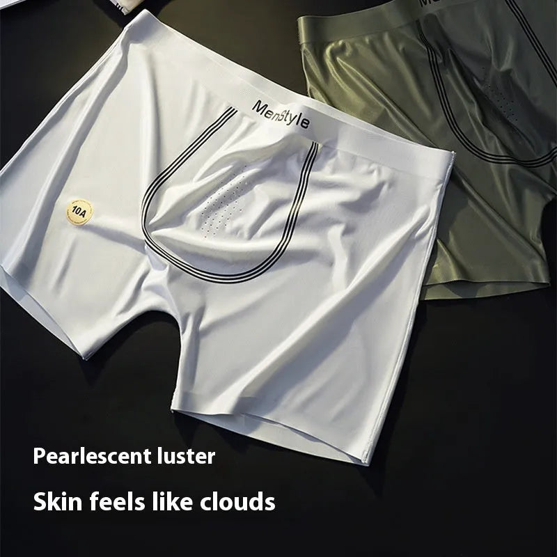 Men's seamless ice silk satin boxers in multiple colours showing mid-waist fit