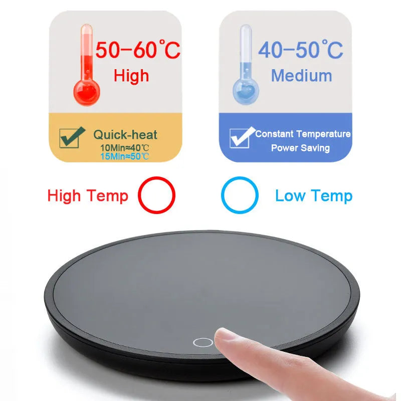 Black electric cup warming pad with tempered glass surface and dual temperature controls