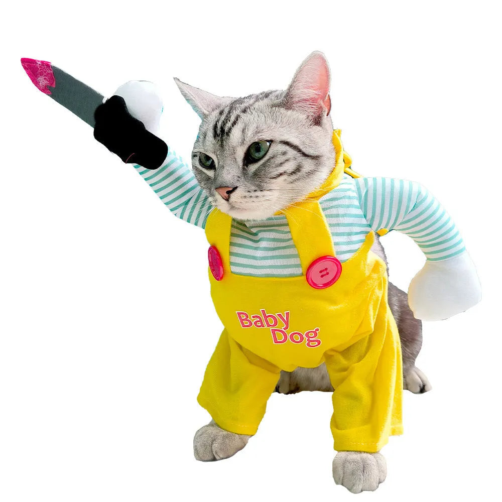 Yellow knife assassin design cat costume in polyester fabric on feline model