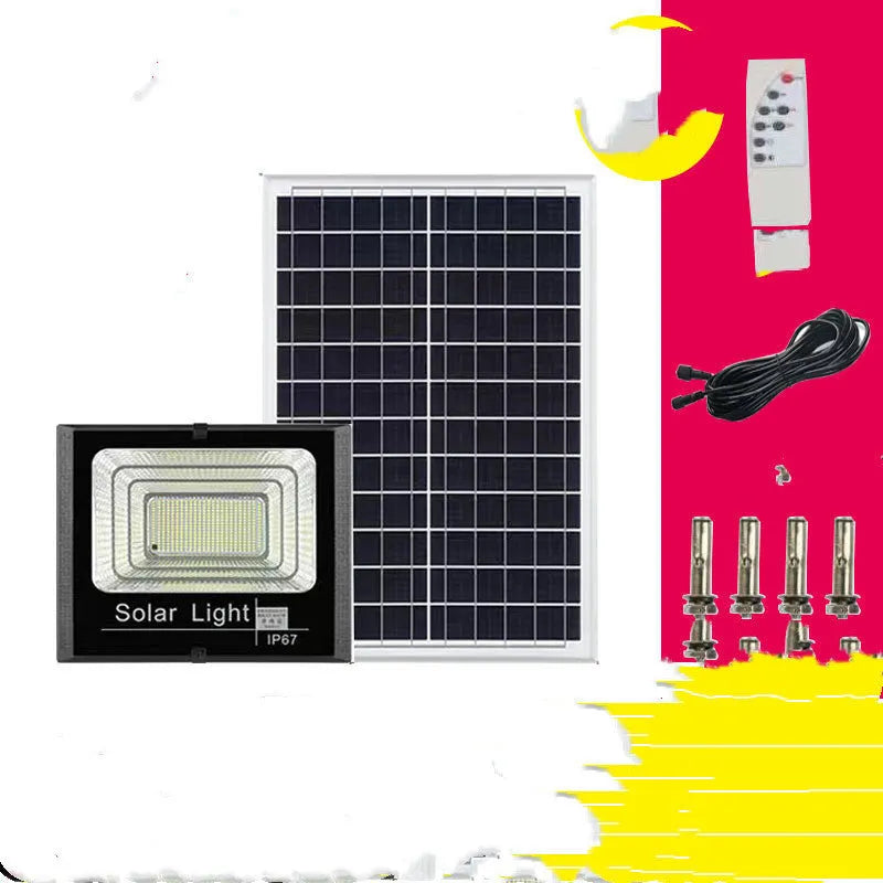 Black solar-powered LED flood light for outdoor garden and security lighting.