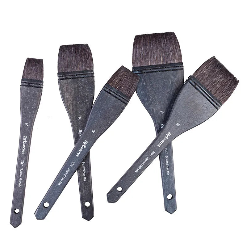 Set of five grey squirrel hair artist paintbrushes with natural wood handles, showing different sizes.