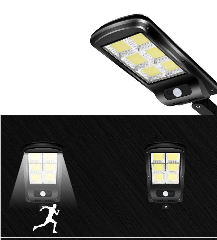 Black solar motion sensor light for outdoor security with IP65 waterproof rating