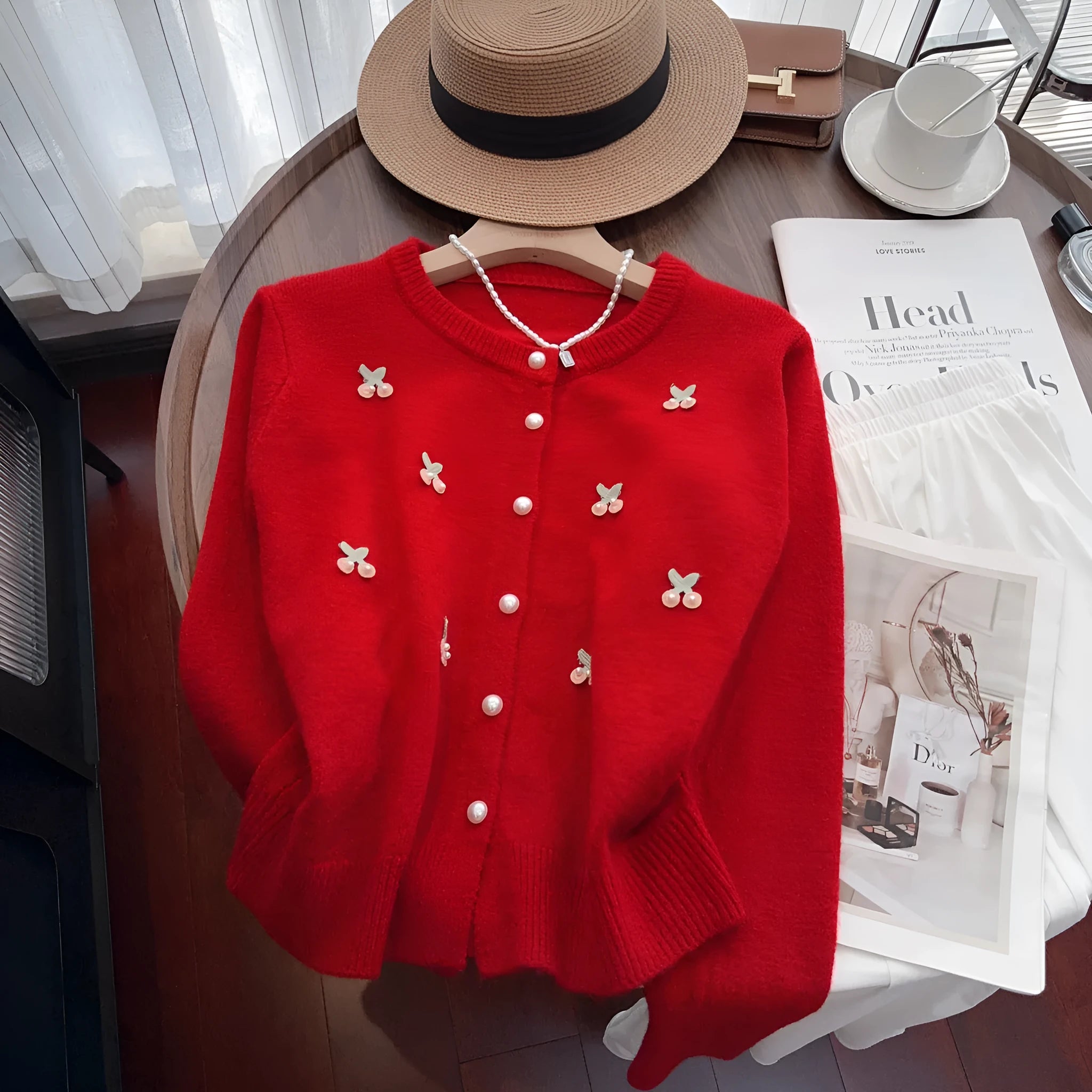 Women's cashmere-blend cardigan coat with beaded details in slim fit free size