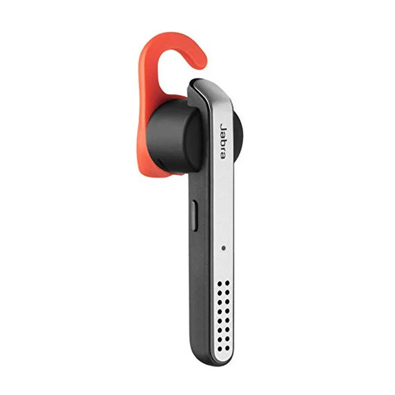 Black Bluetooth earphones with behind-the-ear design showing earpiece and microphone