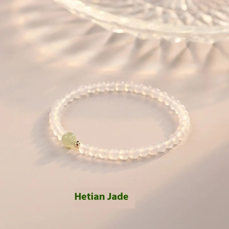Natural white agate bracelet for women with 15cm circumference, showcasing handmade New Chinese style.
