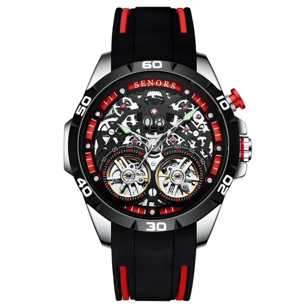 Blue automatic mechanical men's watch with luminous hollow dial on wrist