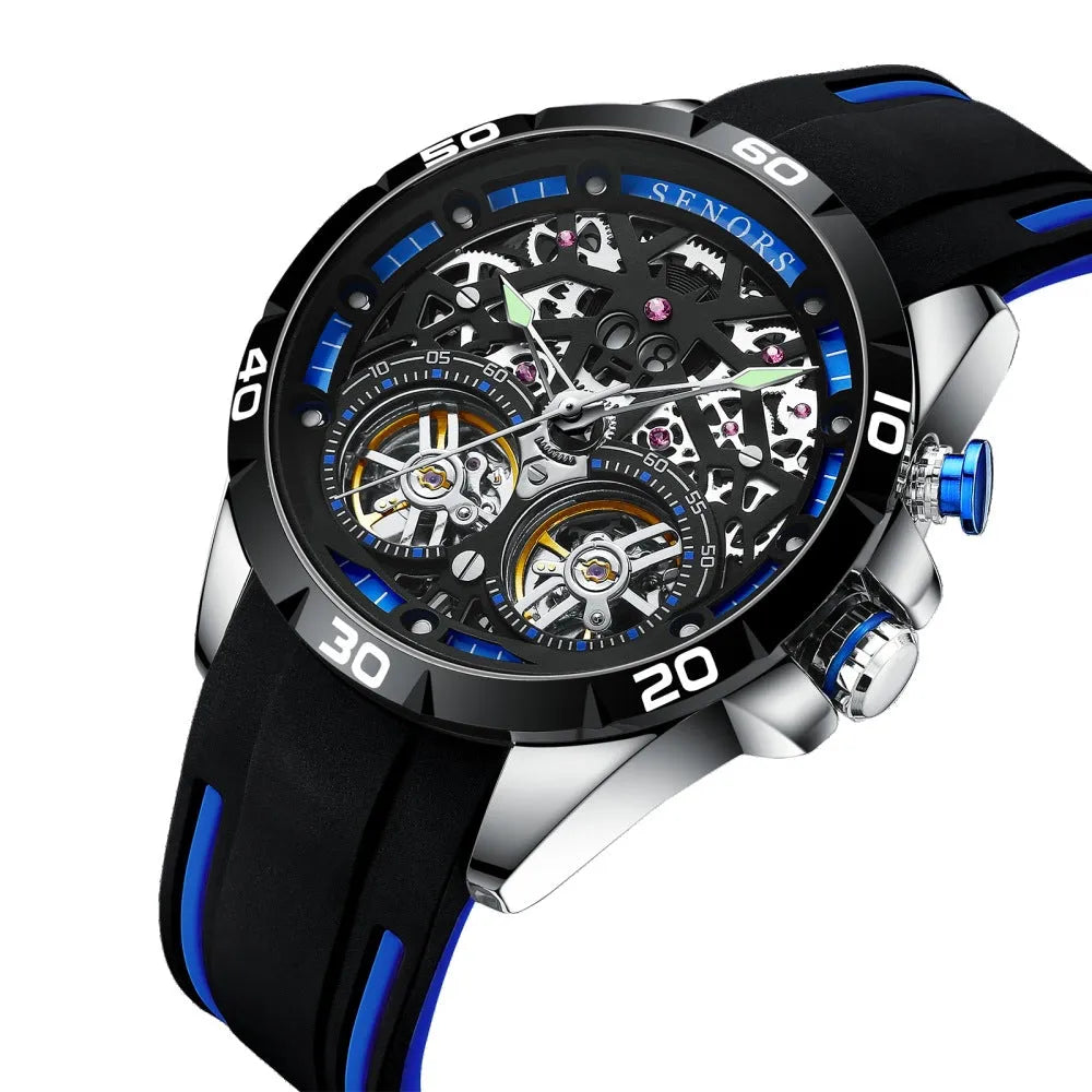 Blue automatic mechanical men's watch with luminous hollow dial on wrist