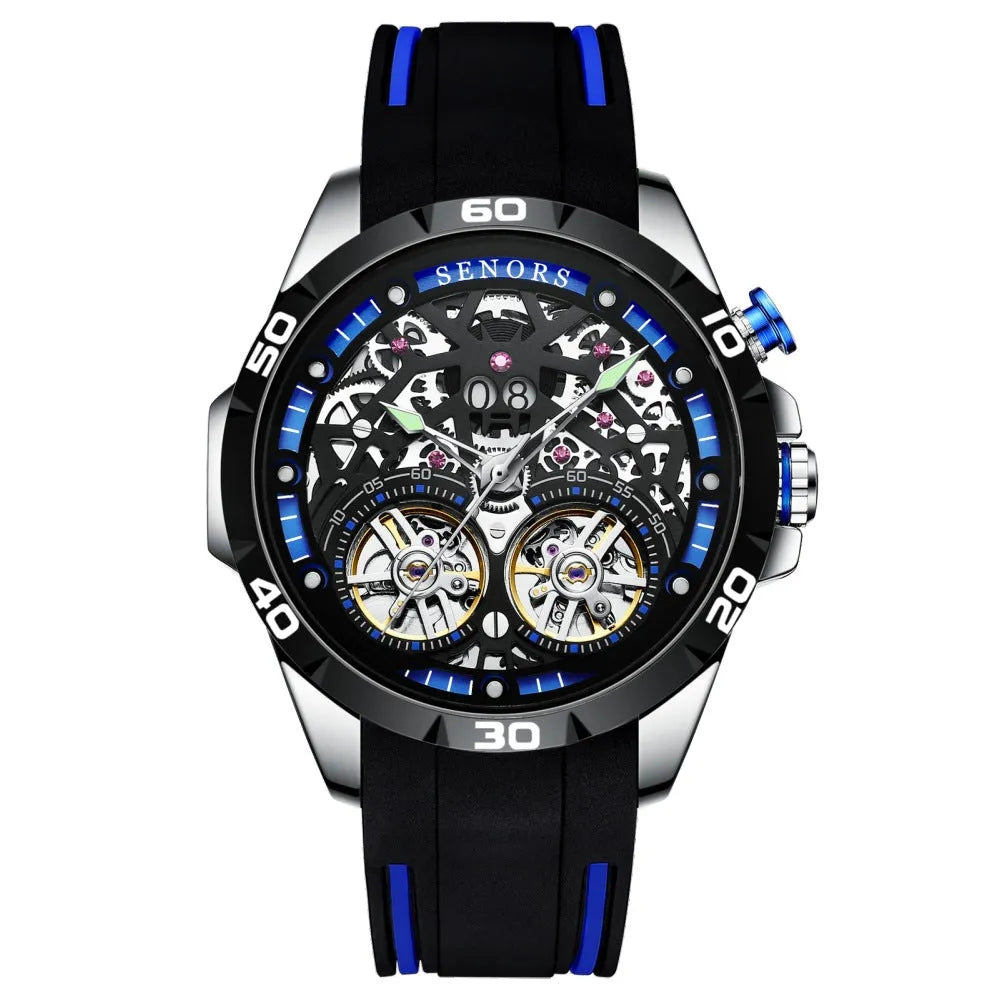 Blue automatic mechanical men's watch with luminous hollow dial on wrist