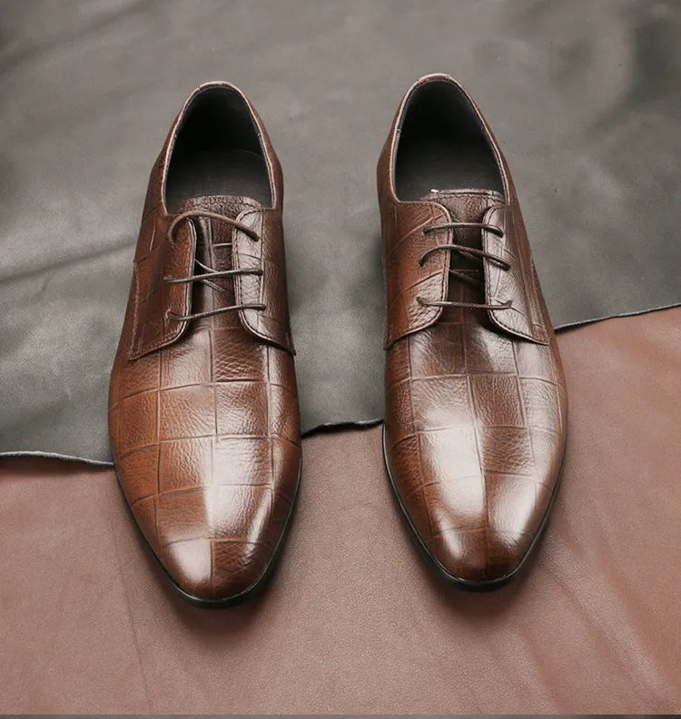 Men's black leather derby shoes with pointed toe and rubber sole