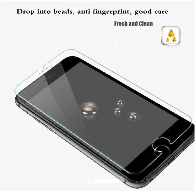 Pack of three transparent tempered glass screen protectors for iPhone models.