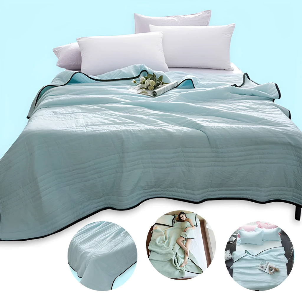 Pure colour seersucker cooling air-conditioning quilt laid flat on a bed