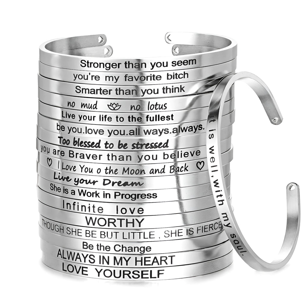 Silver customisable stainless steel bracelet with laser engraved text and adjustable fit on neutral background