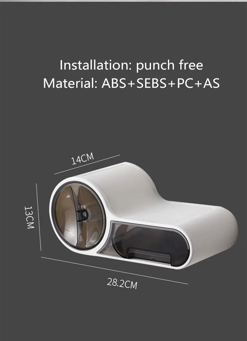 White plastic bathroom roll holder with streamlined curve design mounted on wall