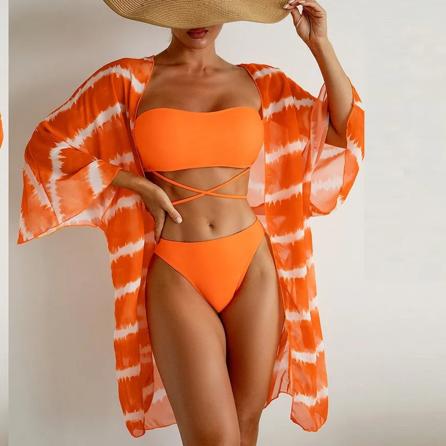 Women's nylon colour block three piece swimsuit set in orange with cardigan