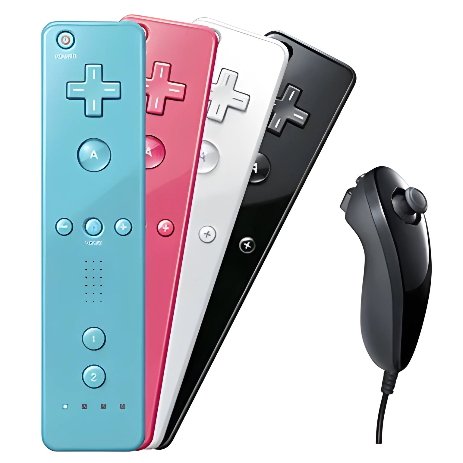 Wii left and right wireless gamepad controllers with infrared sensor and hand rope in multiple colour options.