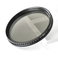 Set of neutral density camera lens filters in ND2, ND4, ND8, and ND400 with various thread sizes from 37mm to 95mm.