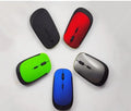 2.4G wireless optoelectronic mouse with slim design in black, showing three buttons and USB receiver slot