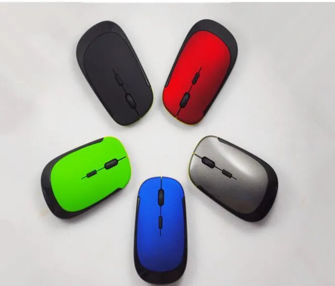 2.4G wireless optoelectronic mouse with slim design in black, showing three buttons and USB receiver slot