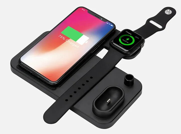 4-in-1 adjustable wireless charging station showing phone, watch, earbuds and pencil charging on a desk.