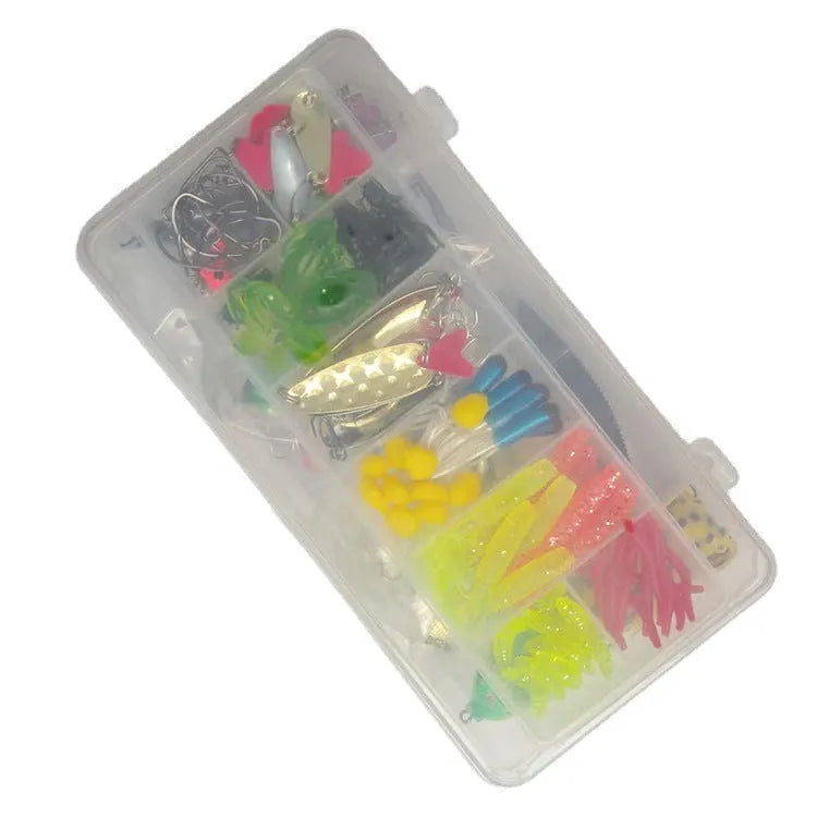 Fishing lure kit containing 142 pieces with hard minnow lures, sequins, fishhooks and fishing pliers