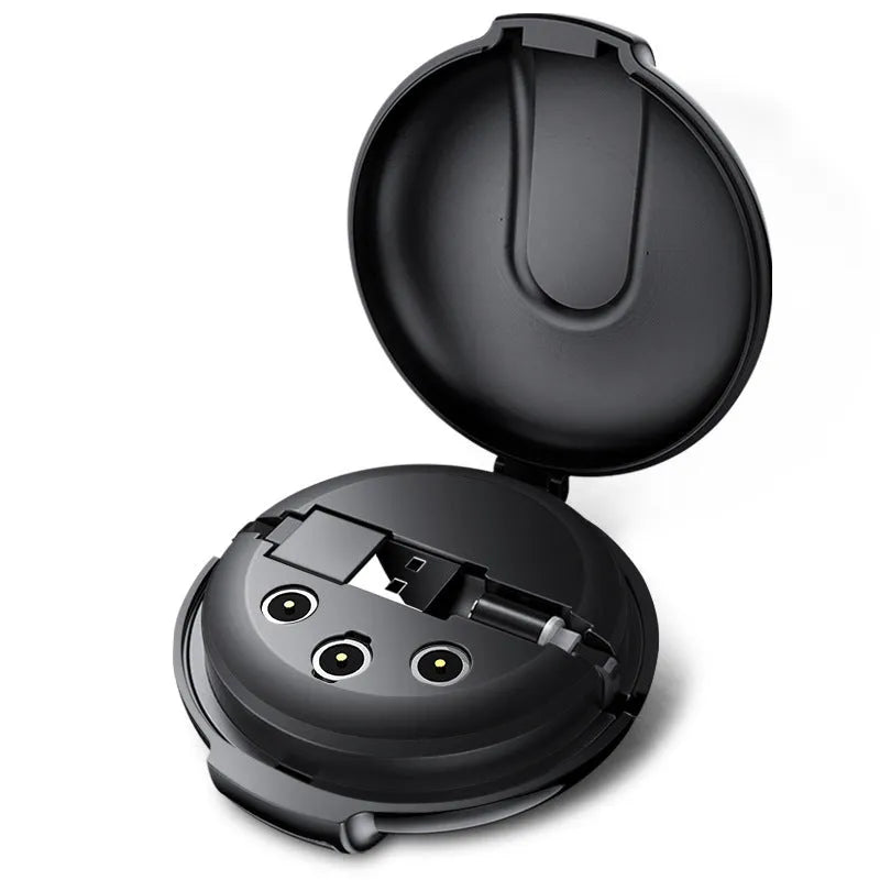 Black 3-in-1 magnetic retractable car phone charger with three plug heads and magnetic patch