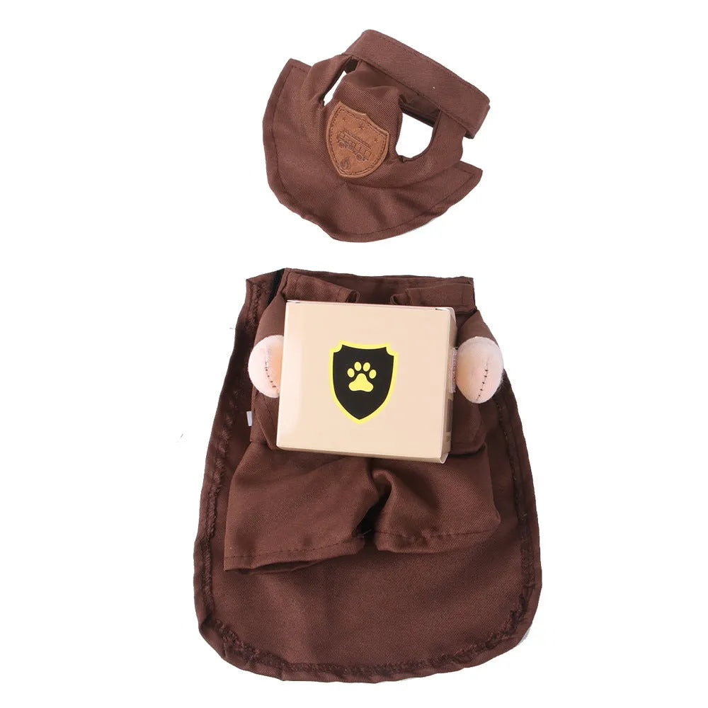 Coffee-coloured polyester dog costume designed as a courier standing outfit for funny pet outings.