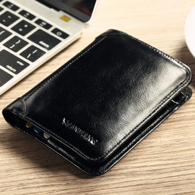 Men's black leather wallet open to show photo window, card slots, coin pocket and banknote folder.