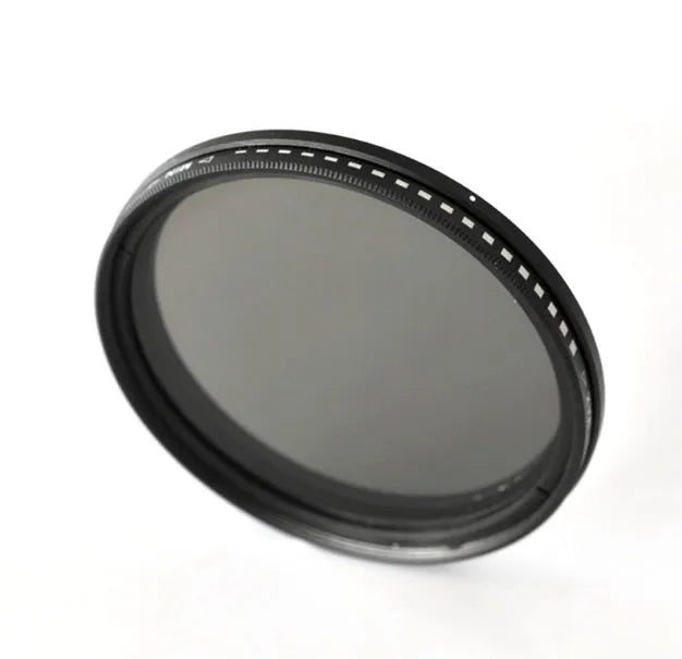 Set of neutral density camera lens filters in ND2, ND4, ND8, and ND400 with various thread sizes from 37mm to 95mm.