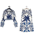 Women's early spring flower print casual two-piece set with long sleeves and long skirt