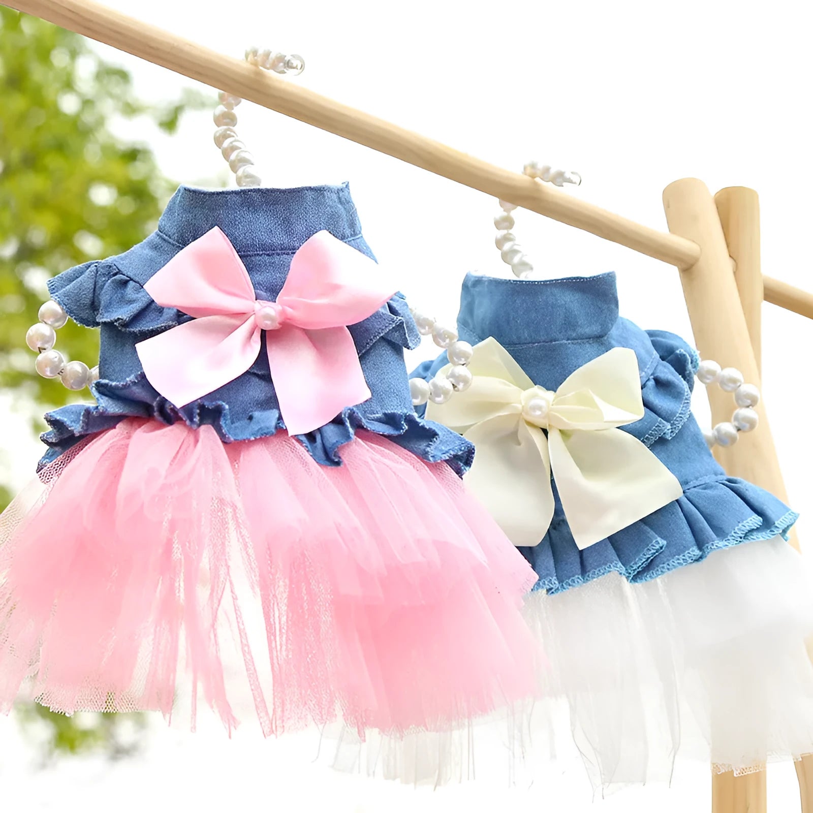 Korean denim pet skirt with creative bow detailing in pink or white yarn for small dogs