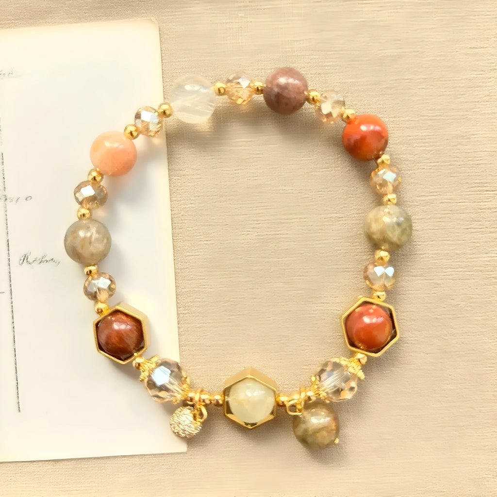 Gold-colour citrine crystal bracelet with 8mm beads and symbolic metal ornaments including Ruyi and Fu characters