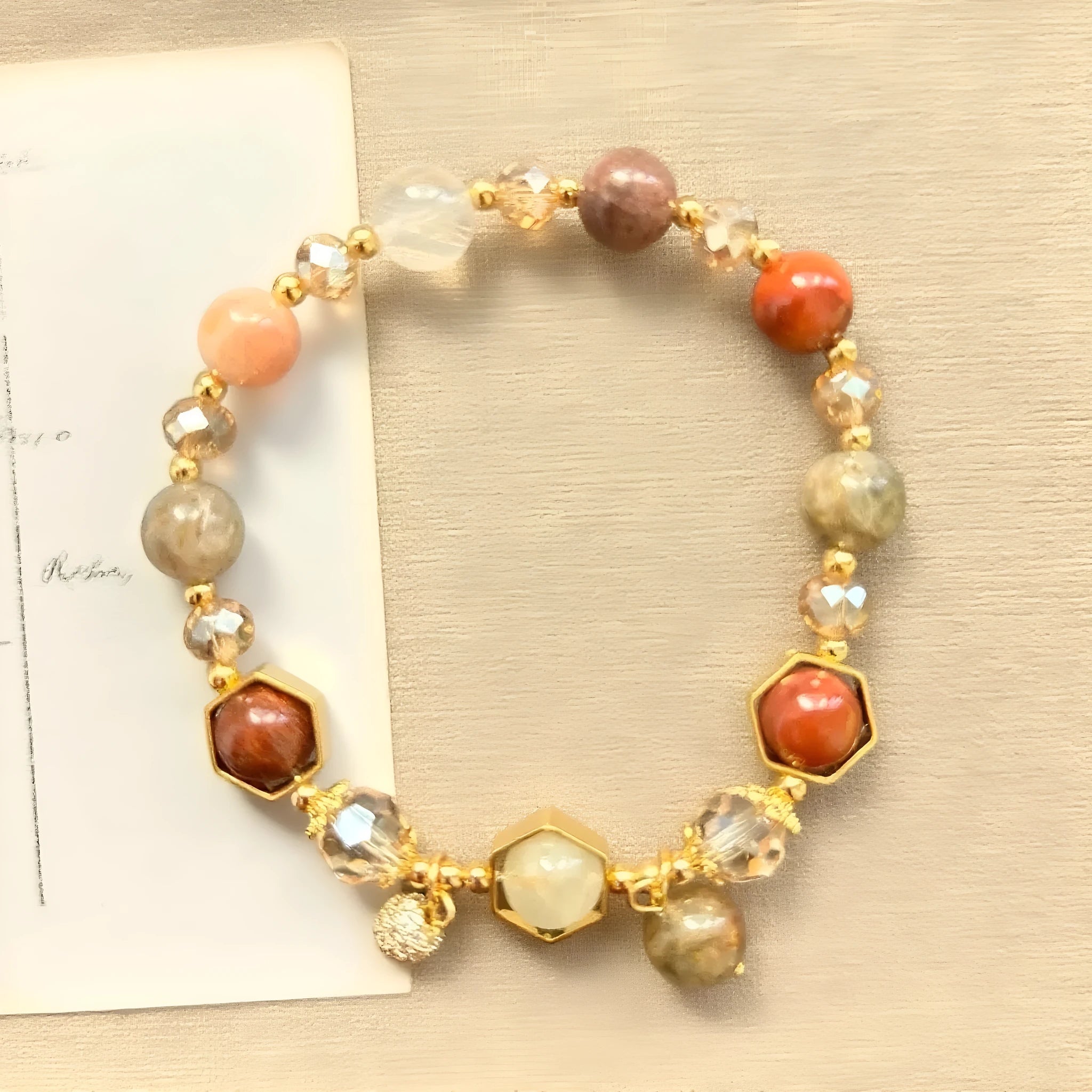 Gold-colour citrine crystal bracelet with 8mm beads and symbolic metal ornaments including Ruyi and Fu characters