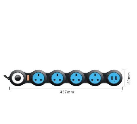 White UK 5-gang extension lead with rotating sockets and 2 USB charging ports on flame-retardant plastic housing