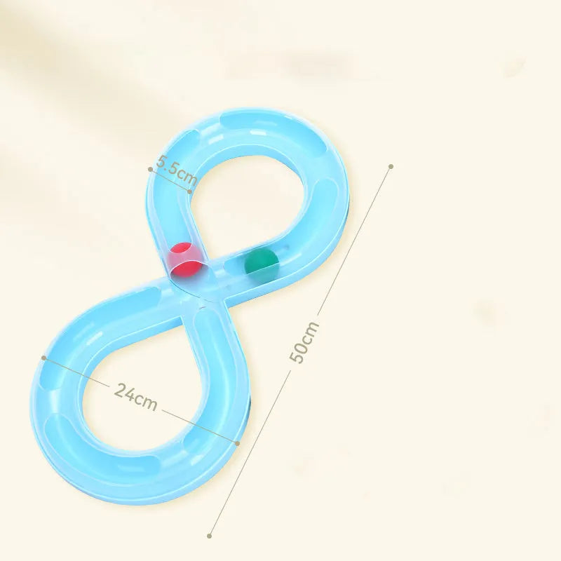 Blue and white plastic cat turntable track toy with balls and a feather teaser wand.