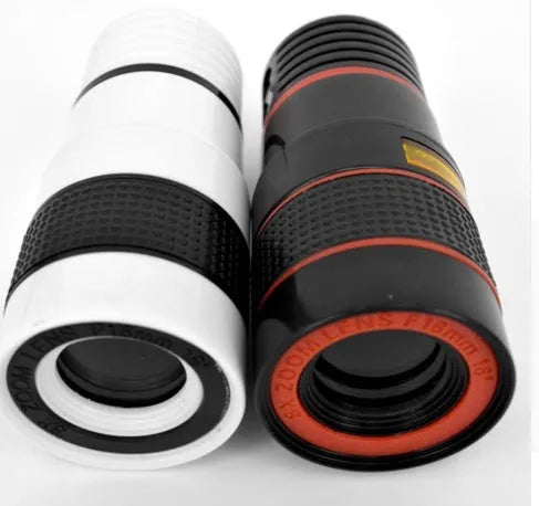 12X magnification phone telescope with mounting clip next to a smartphone