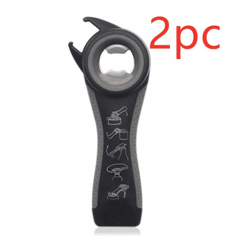 5-in-1 stainless steel can opener and beer bottle opener with black PP handle