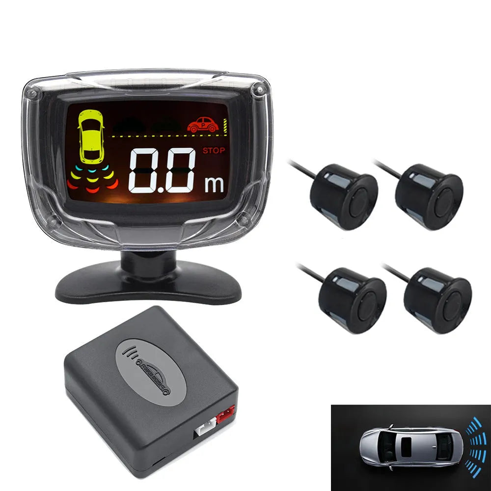 Vehicle reversing sensor system with LED display and four ultrasonic probes