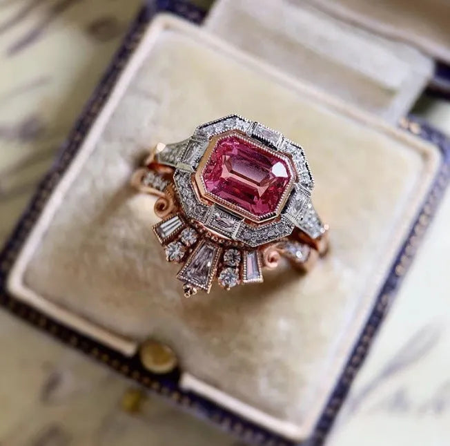 Rose gold geometric ruby women's ring with European retro styling on finger