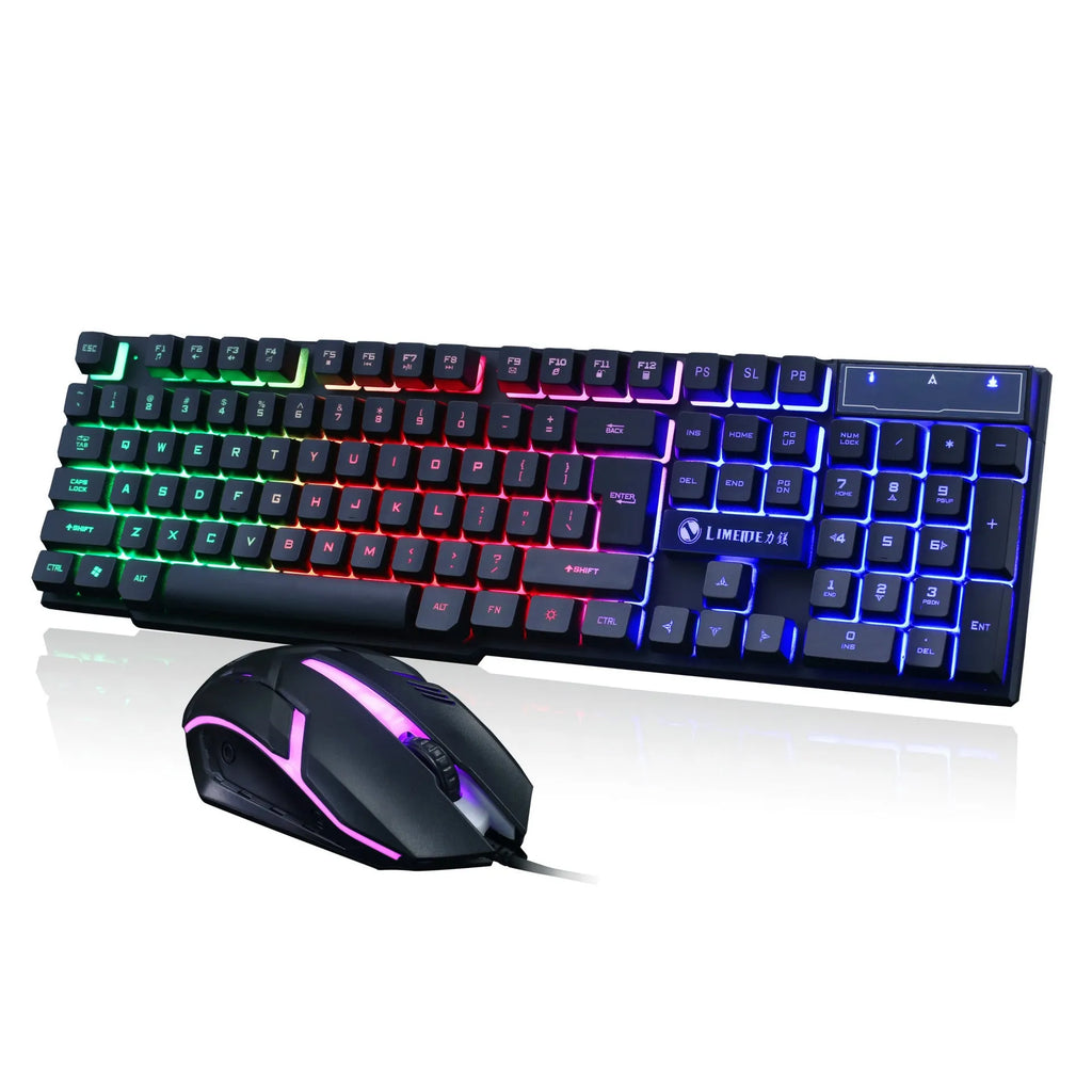 Limei Gtx300 black and white mechanical gaming keyboard and mouse set with backlight on a desktop.